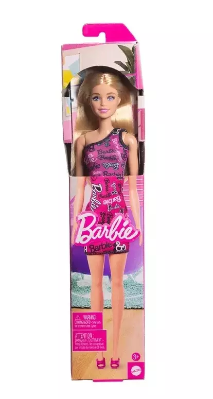 Кукла Барби в платье с принтом логотипа Barbie, HRH07