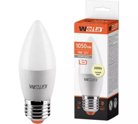 Лампа светодиодная Wolta E27 12Вт 3000K свеча теплый