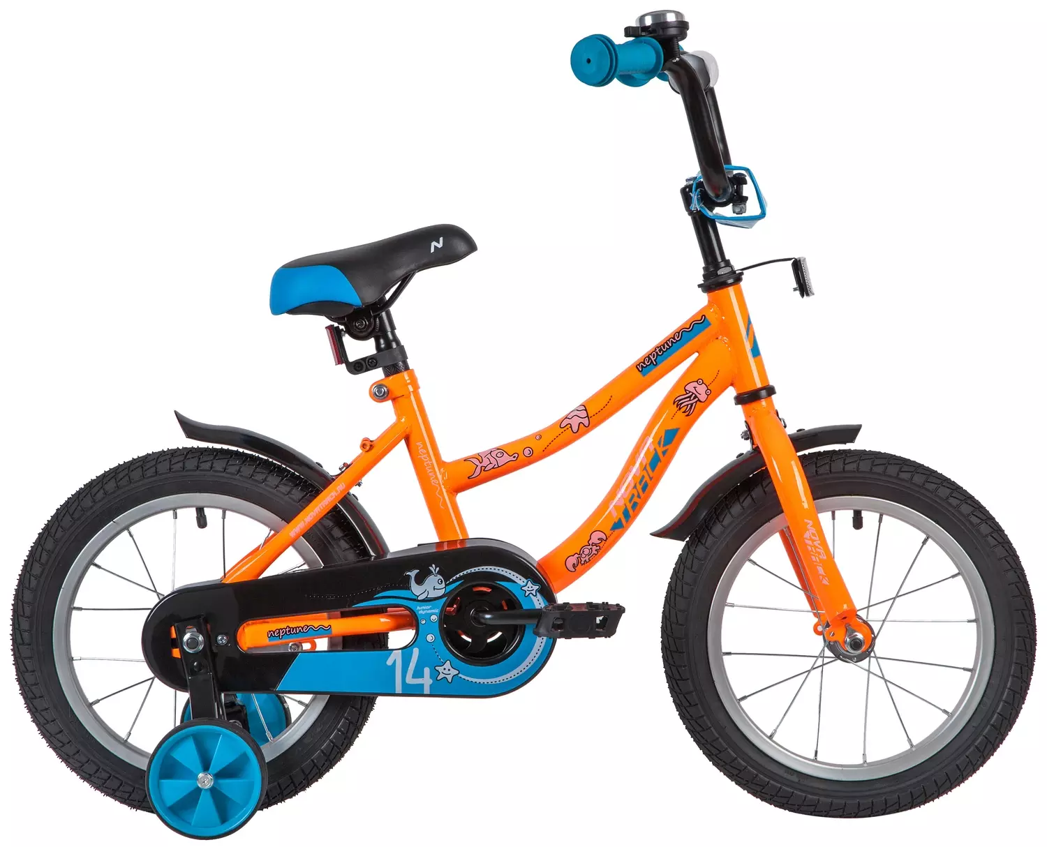 Велосипед NOVATRACK 14&quot; NEPTUNE оранжевый, тормоз нож, крылья корот, полная защ.цепи