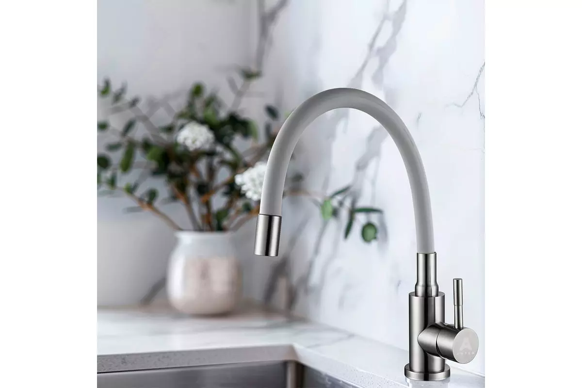 Смеситель для кухни, гибкий излив, серый/сатин, АНТЕЙ Дюна 511520, нерж. сталь