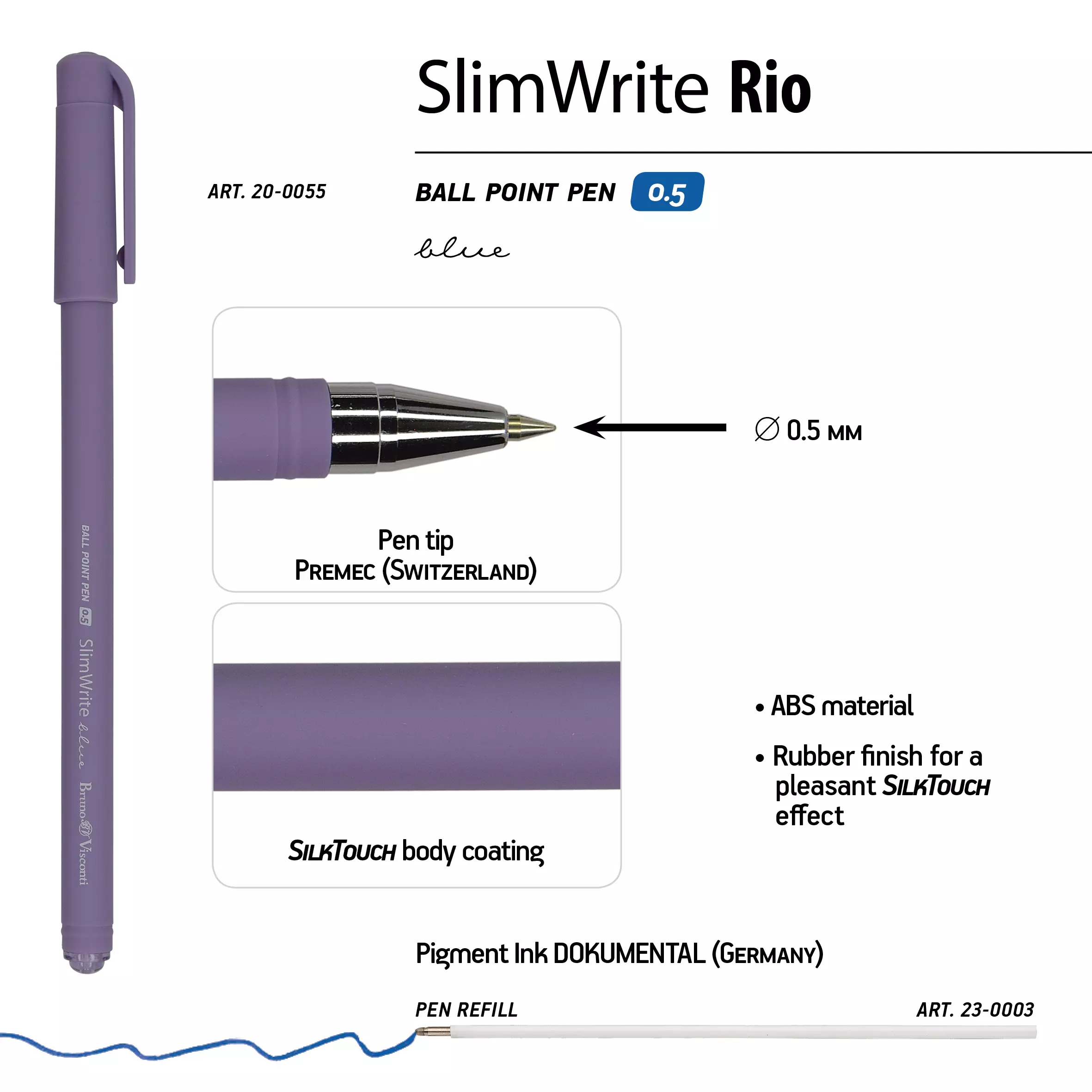 Ручка шариковая BrunoVisconti SlimWrite.RIO 0.5 мм синяя (3 цвета корпуса)