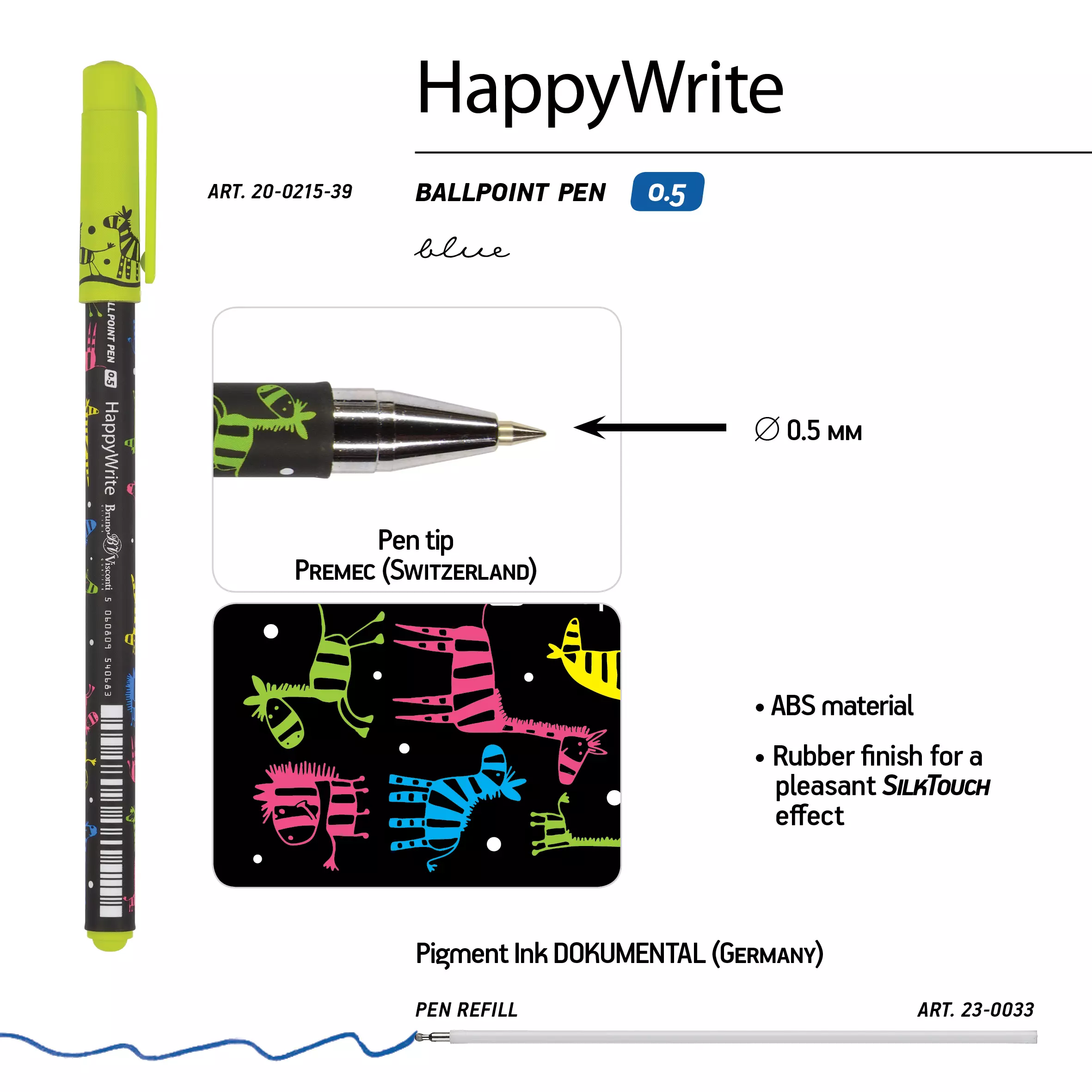 Шариковая ручка BrunoVisconti HappyWrite. Разноцветные зебры 0.5 мм, синяя