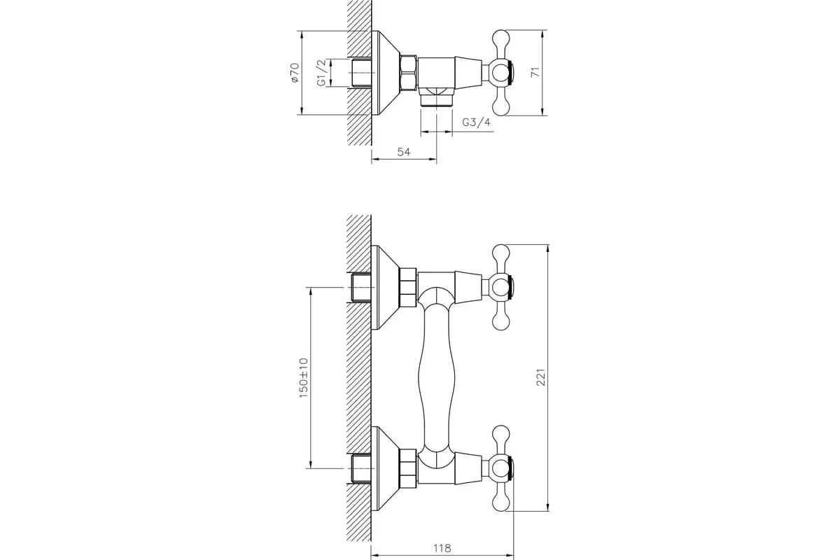 Двухвентильный смеситель для душа, хром, DECOROOM DR54055, латунь