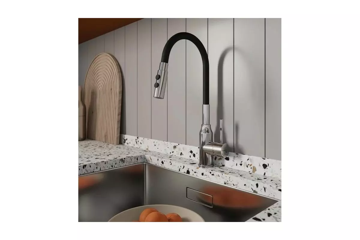 Смеситель для кухни, гибкий излив с душевой насадкой, черный/хром, Milardo Meal, M01SB2FM05, латунь