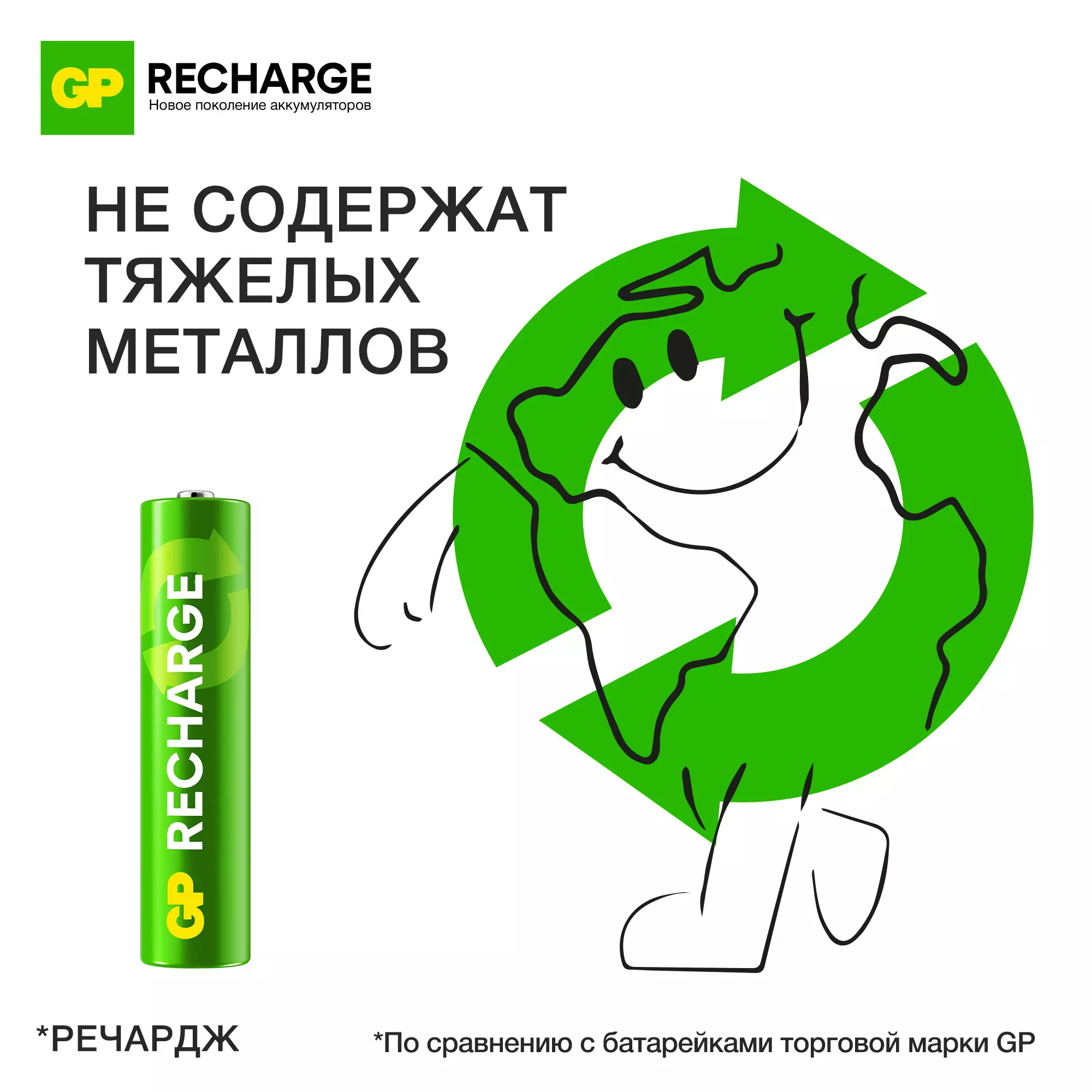 Аккумуляторная батарейка ААА 400мАч 2шт GP RECHARGE