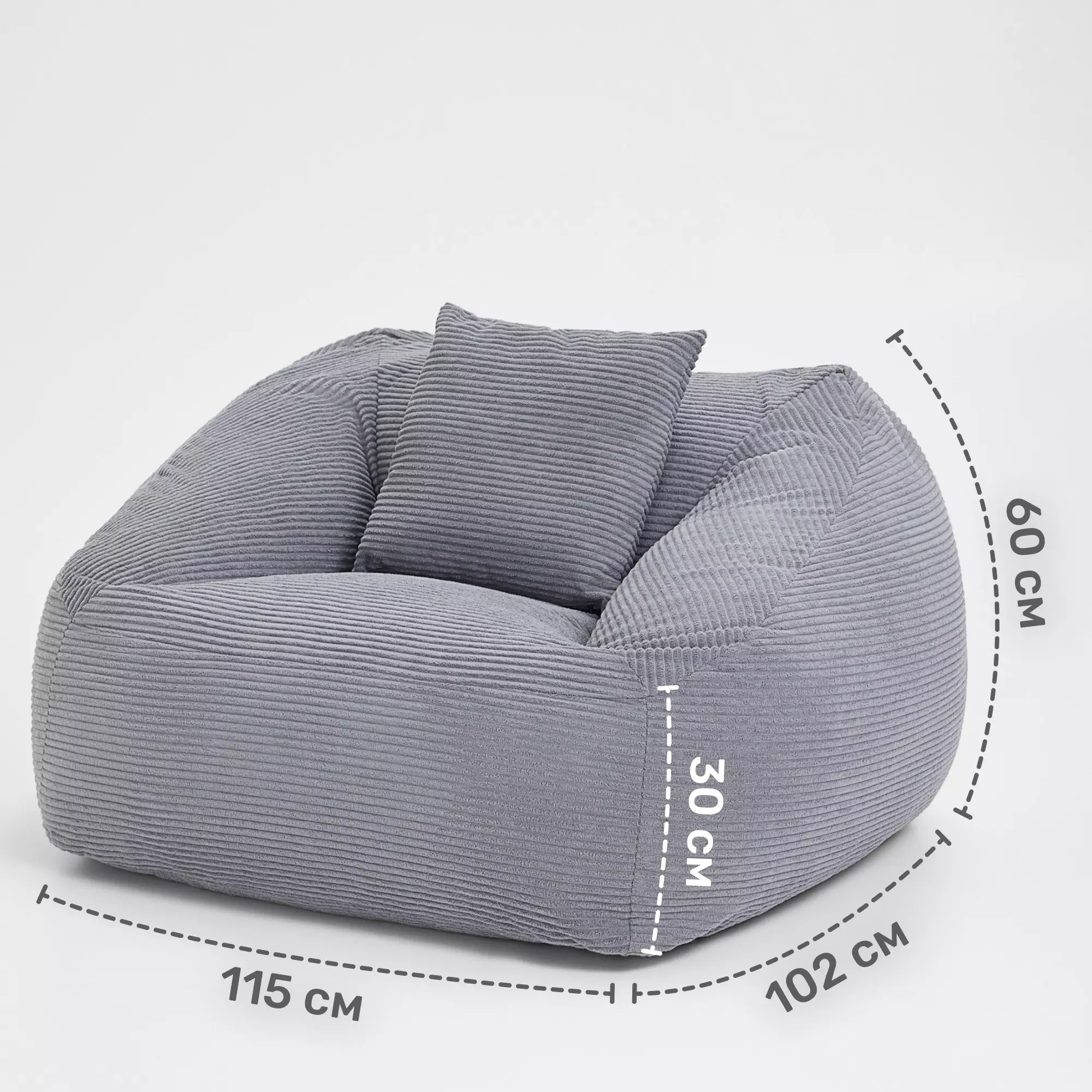 Кресло бескаркасное Нова, вельвет, размер 5XL, серый