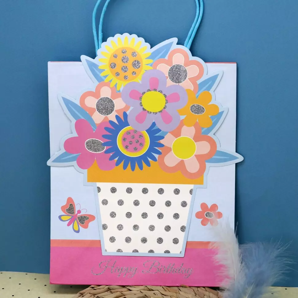 Подарочный пакет (S) «Happy B-day flower», pink (21*25.5*10)