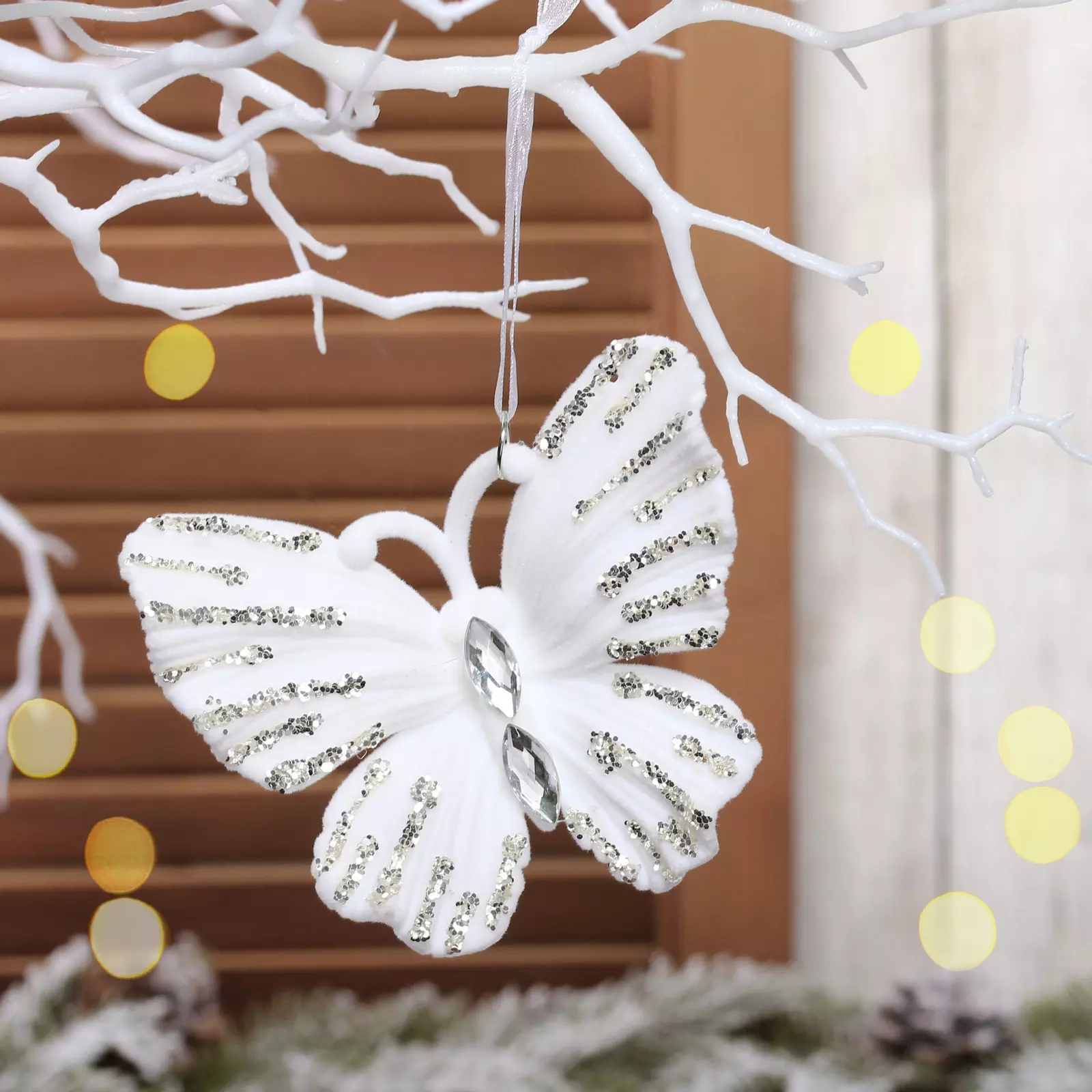 Елочное украшение Элегантная бабочка 10х10 см белый/серебро 916-2128