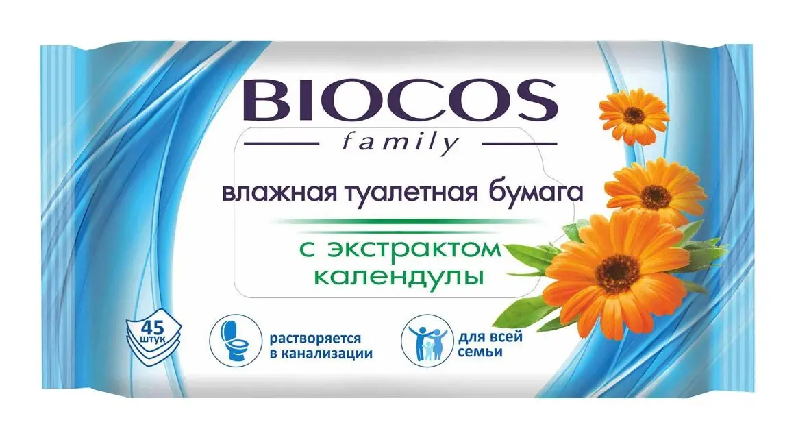 Влажная туалетная бумага BioCos для всей семьи, уп.40+5 в подарок