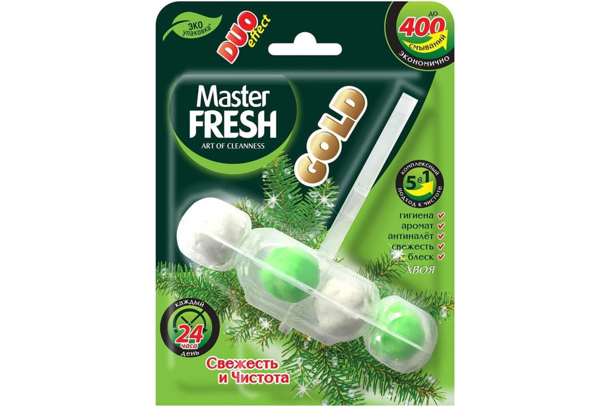 Подвесной блок для унитаза Master Fresh Duo Effect 5в1 формула Gold Хвоя, 1  шт — купить по выгодной цене в интернет-магазине Колорлон