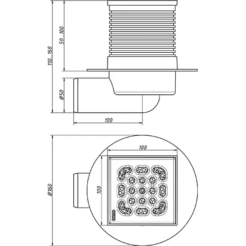 Душевой трап горизонтальный 100х100 мм, d50 мм, регулируемый с мет.решеткой ORIO ТО-3210