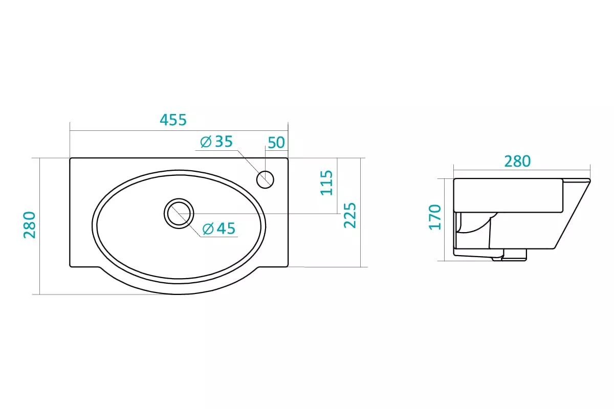 Маленькая раковина подвесная 45х28х17 см Santek Форум 45 1.WH11.0.545 отверстие под смеситель справа
