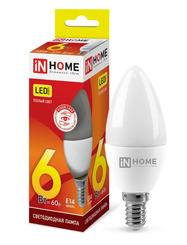 Лампа светодиодная IN HOME Е14 230В 6Вт 3000К свеча теплый