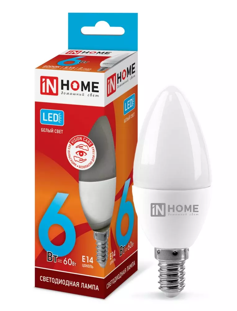 Лампа светодиодная IN HOME Е14 230В 6Вт 4000К свеча нейтральный
