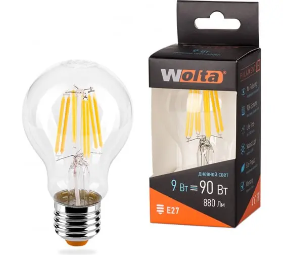 Лампа светодиодная Е27 220В 9Вт 4000K груша филаментная нейтральный свет Wolta Filament 25S60BLFT9E27