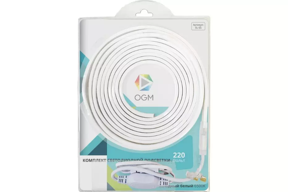 Светодиодная лента 220В 6Вт/м 600Лм/м 6500К 5м 10мм SMD2835 60шт/м IP65 OGM SL-55