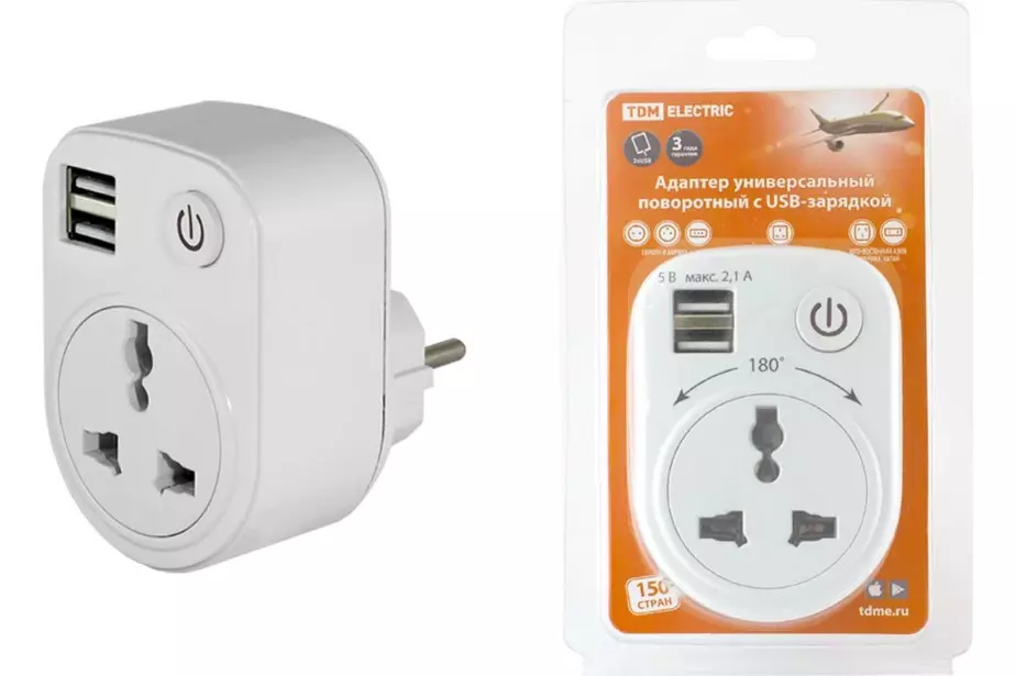 Разветвитель 1 розетка с заземлением 16А 3500Вт +2 USB TDM SQ1806-0183