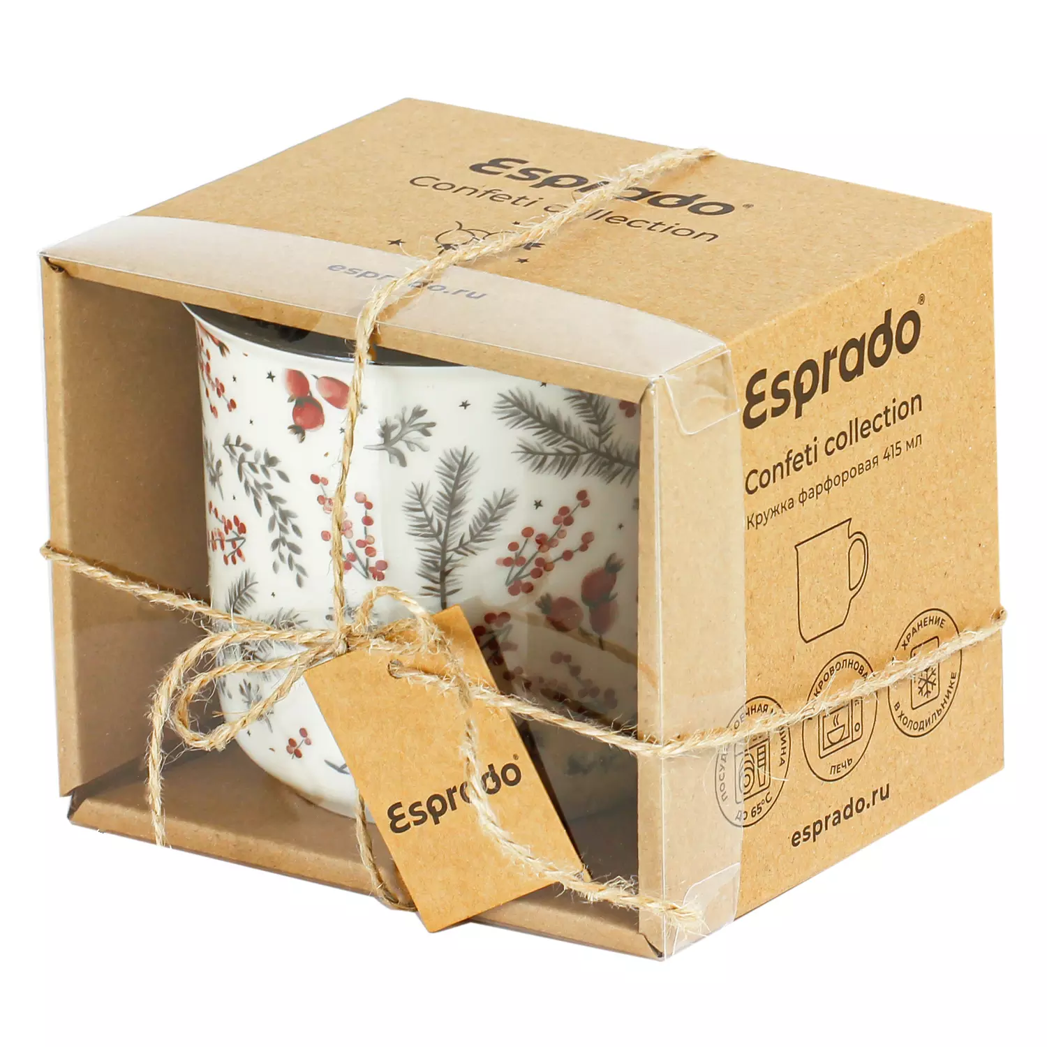 Кружка 385 мл, &quot;Еловая ветка&quot;, фарфор, крафтовая коробка, Confeti, ESPRADO