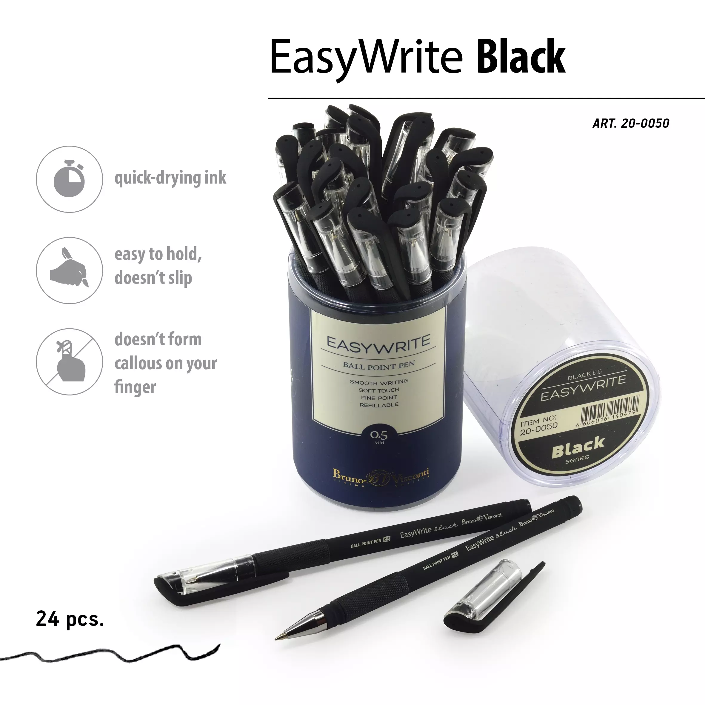 Шариковая ручка BrunoVisconti EasyWrite.BLACK, 0.5 мм, черная