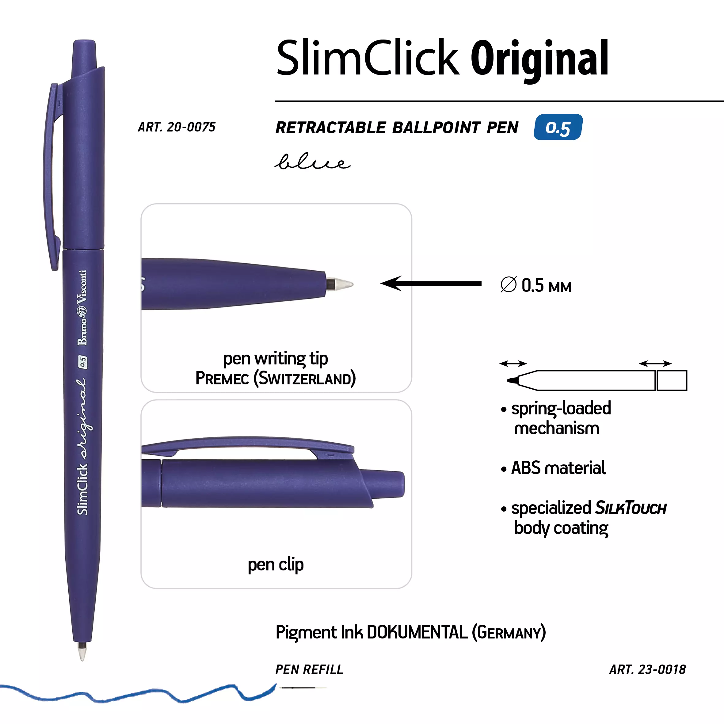 Шариковая ручка автоматическая BrunoVisconti SlimClick.ORIGINAL 0.5 мм, синяя (3 цвета корпуса)