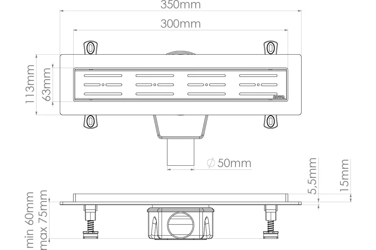 Душевой трап горизонт. 300х63 мм. 360⁰, выход d50 мм.с комб.затвор. реш. из нерж. стали,Nova 5630