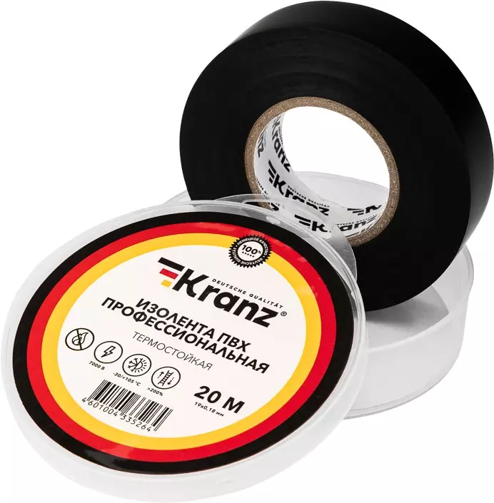 Изолента ПВХ термостойкая 19мм*20м 180мкм черная Kranz KR-09-2816