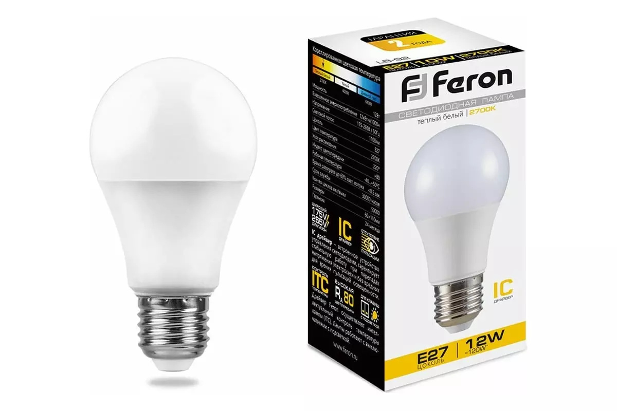 Светодиодная лампа Е27 220В 12Вт 2700К груша теплый свет FERON 25489
