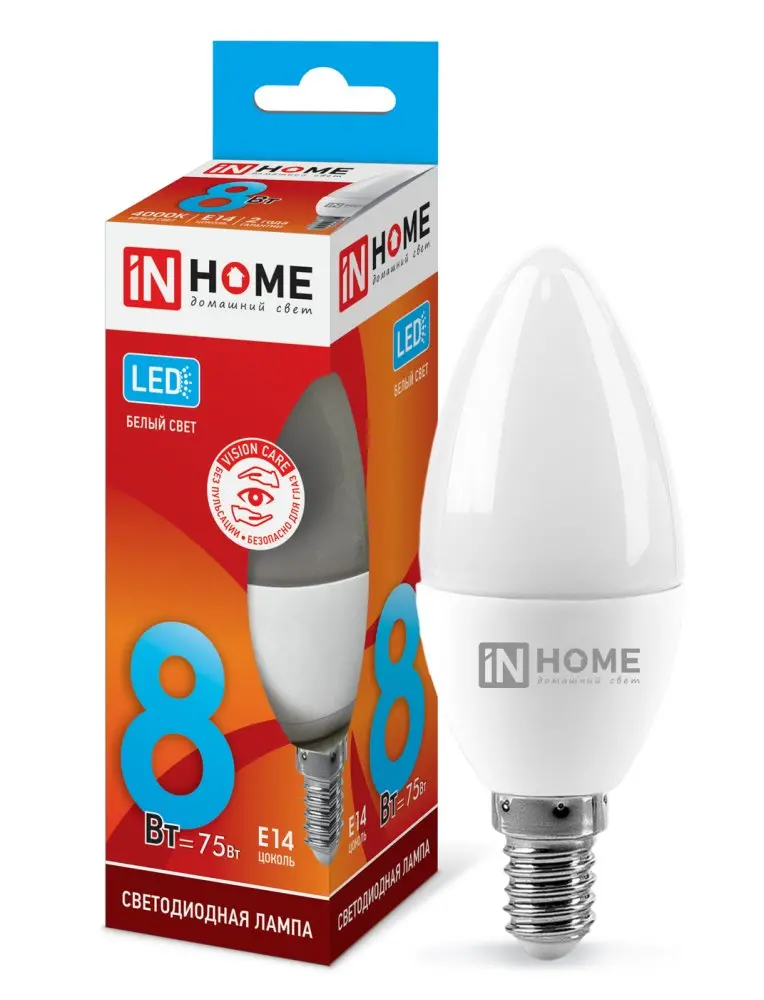 Лампа светодиодная IN HOME Е14 230В 8Вт 4000К свеча нейтральный
