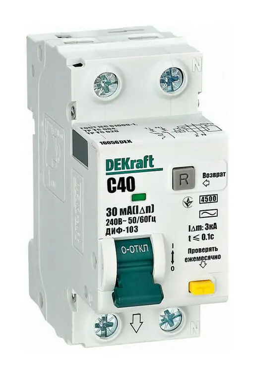 Дифавтомат DEKraft 16056DEK 1Р+N 40А 30мА тип AC х-ка C ДИФ-103 4.5кА