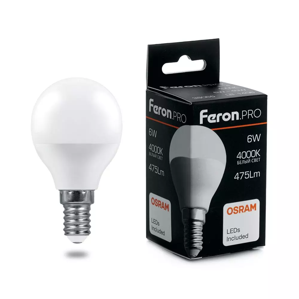 Лампа светодиодная Feron Е14 230В 6Вт 4000К шар нейтральный