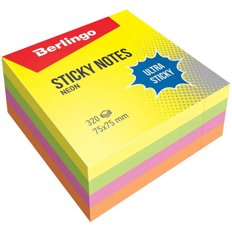 Самоклеящийся блок 75Х75 мм, 320 листов, 4 неоновых цвета, Berlingo Ultra Sticky