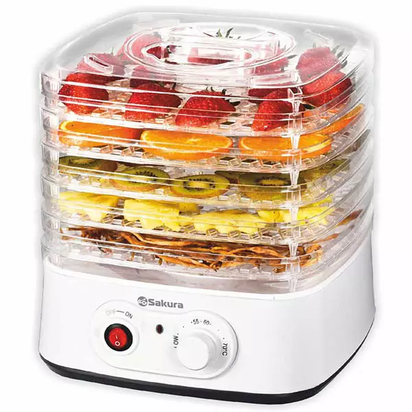 Сушилка для овощей и фруктов, 250 Вт, 5 ярусов, 40-70°C, 7 л, белый, SAKURA, SA-7808