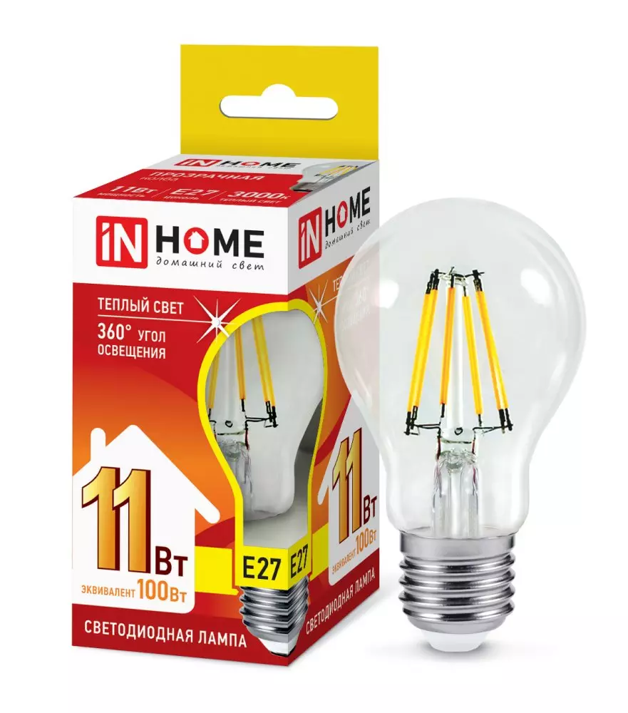 Лампа светодиодная IN HOME LED-A60-deco Е27 230В 11Вт 3000К 1160Лм прозрачная