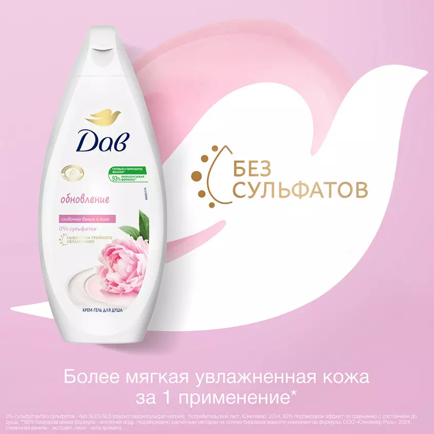 Крем-гель для душа Дав Сливочная ваниль и пион 250 мл