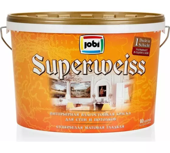 Краска для стен и потолков высокоукрывистая Jobi Superweiss супербелая -30С 10 л