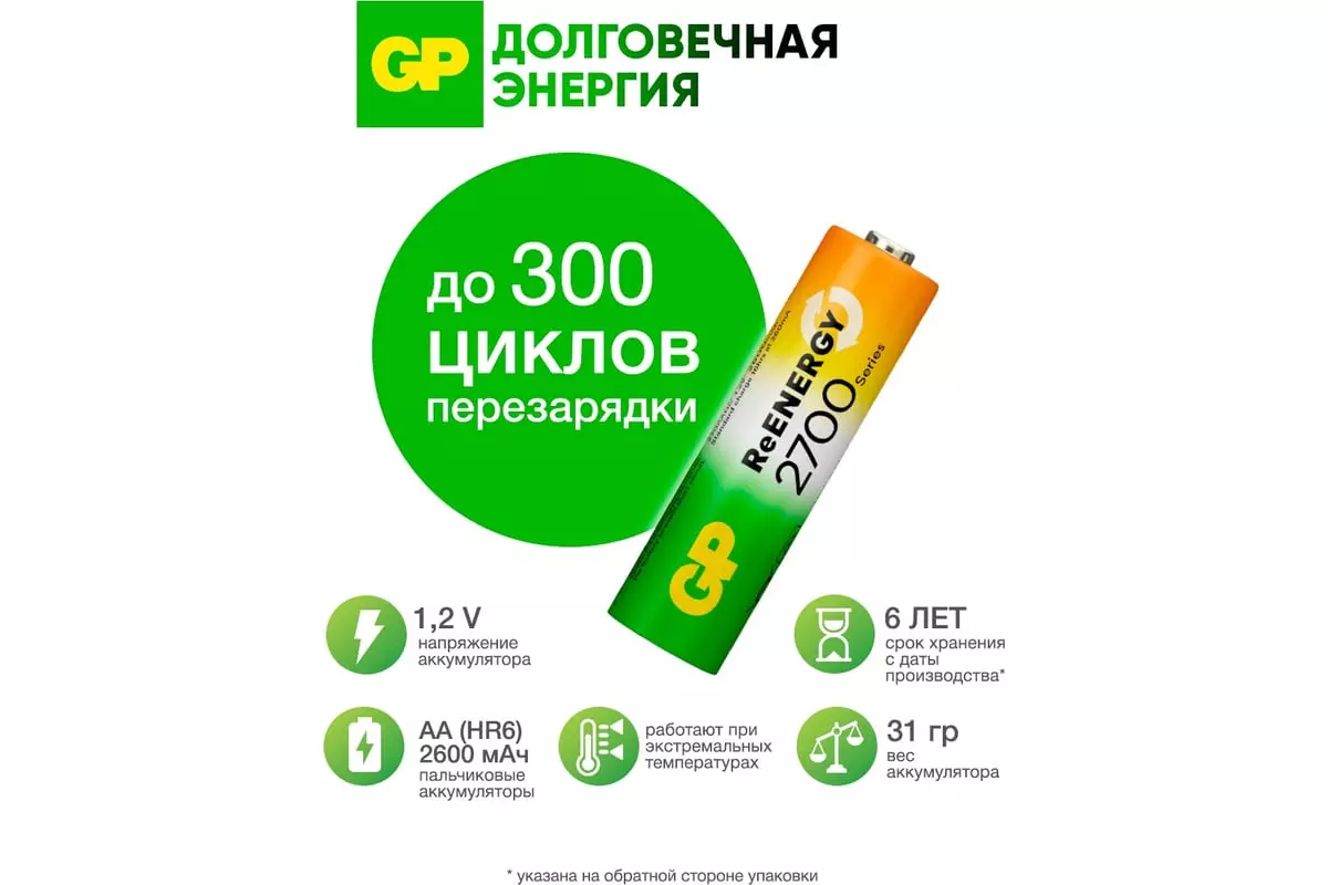 Аккумуляторная батарейка АА 2650мАч 4шт GP