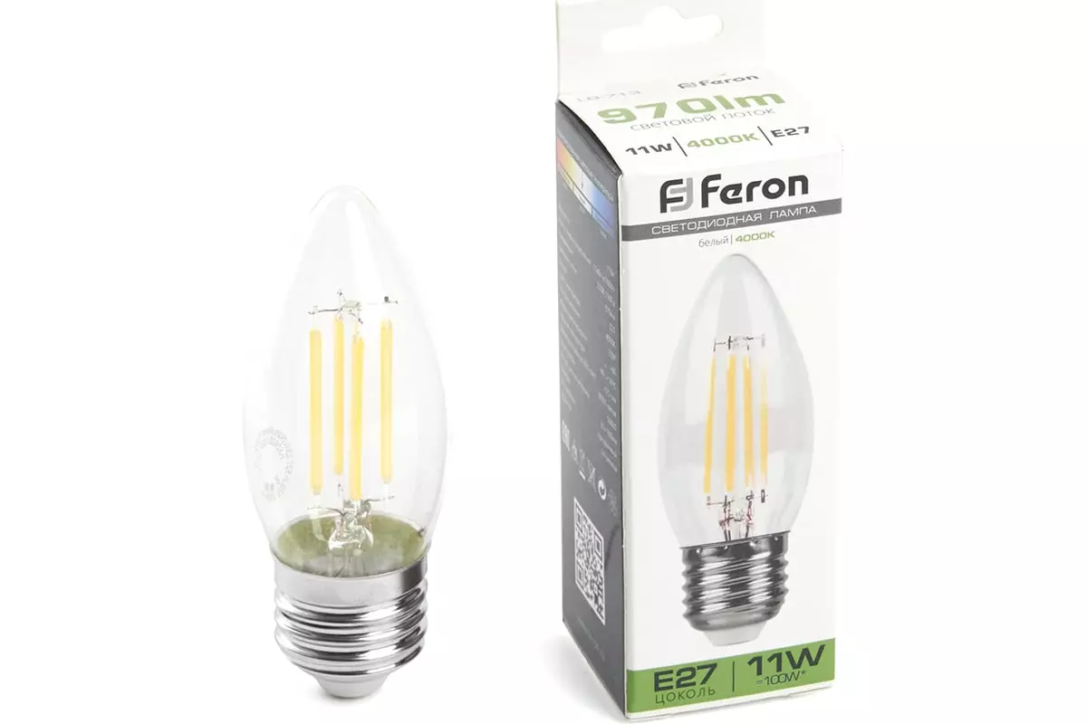 Светодиодная лампа Е27 220В 11Вт 4000К свеча филаментная нейтральный свет FERON 38273