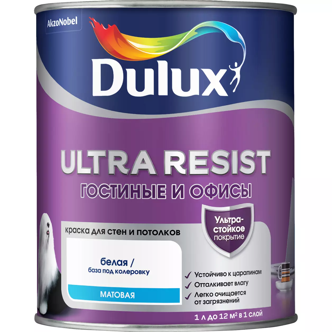 Краска интерьерная Гостиные и Офисы Dulux Ultra Resist матовая BW 1 л 5747799