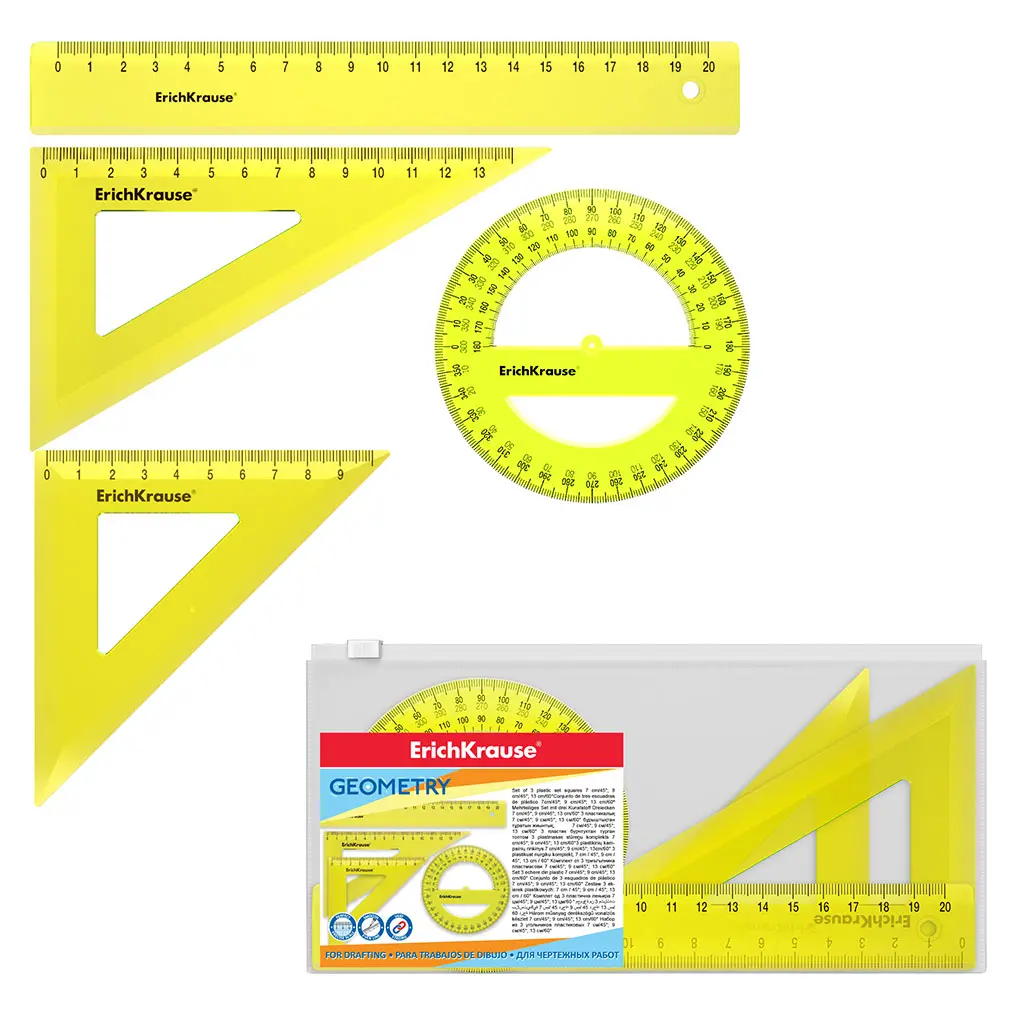 Набор геометрический пластик ErichKrause Neon, (линейка, 2 угольника, транспортир), желтый