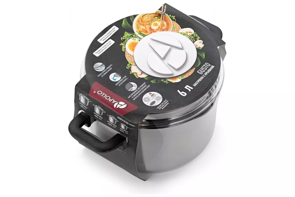 Кастрюля 6 л (d-24 см), нерж.сталь,"Gusto" APOLLO GST-60