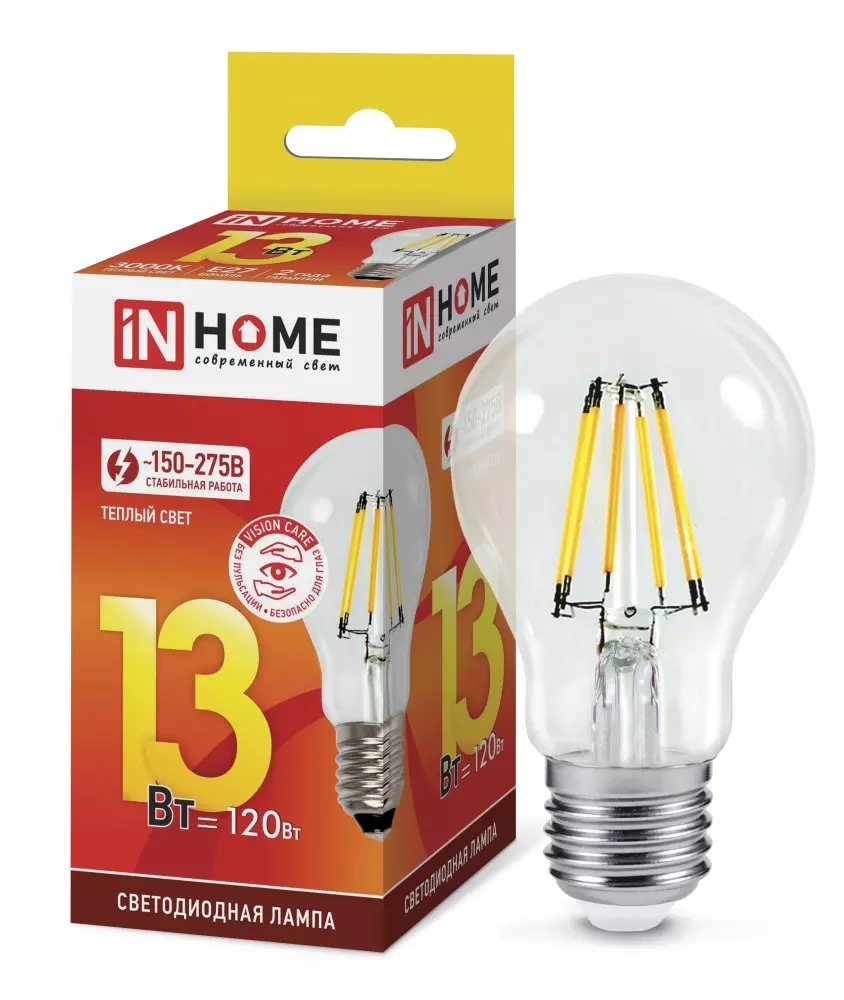 Лампа светодиодная IN HOME LED-A60-deco Е27 230В 13Вт 3000К 1370Лм прозрачная