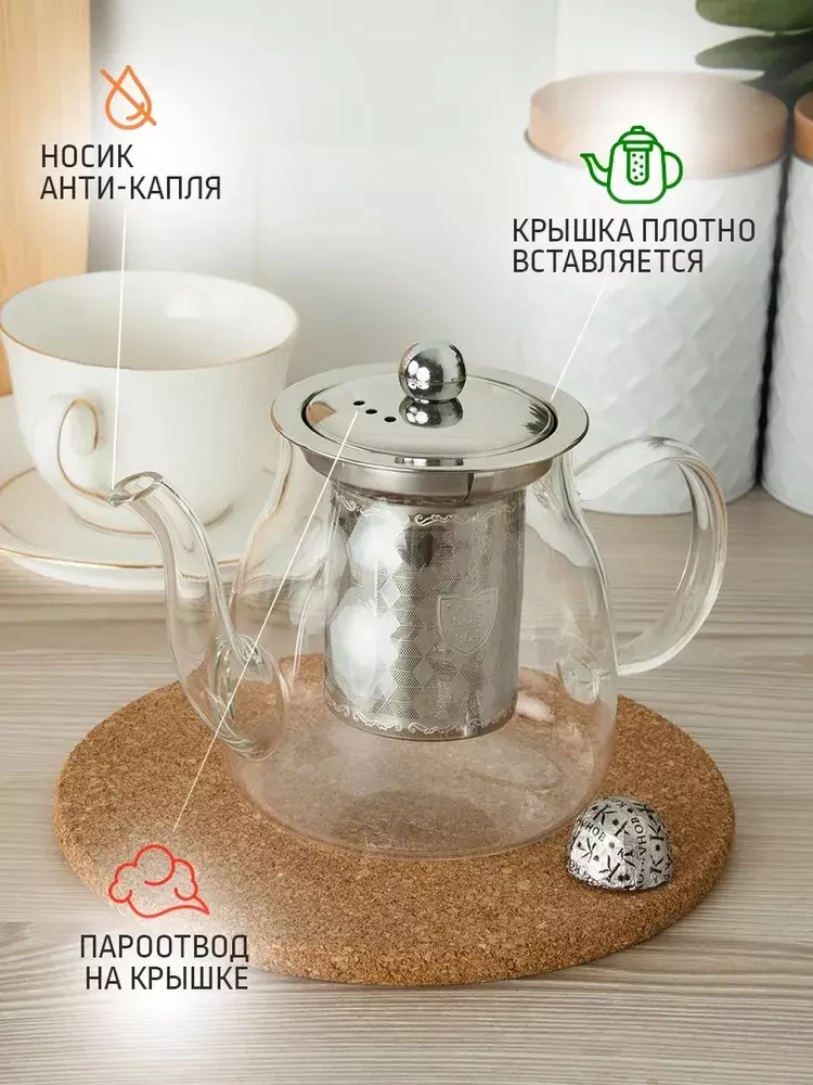 Заварочный чайник 600 мл, стекло, нерж. сталь, AST-006-H-624