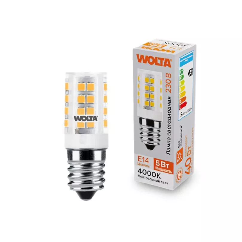 Лампа светодиодная Wolta E14 5Вт 230V 3000K для холодильника керамика WSTD-JCD-5W3KE14-C
