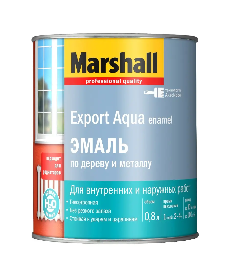 Эмаль для дерева и металла Marshall Export Aqua белая п/мат 0,8 л на водной основе