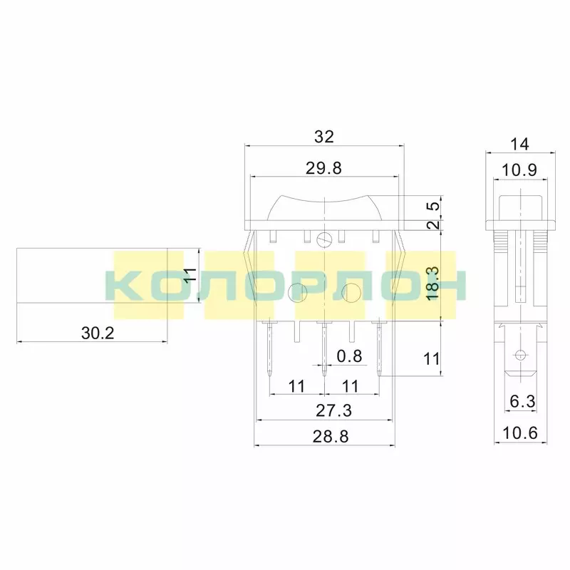 Выключатель клавиша 250V 10А (3с) ON-OFF-ON черный с нейтралью REXANT 36-2220