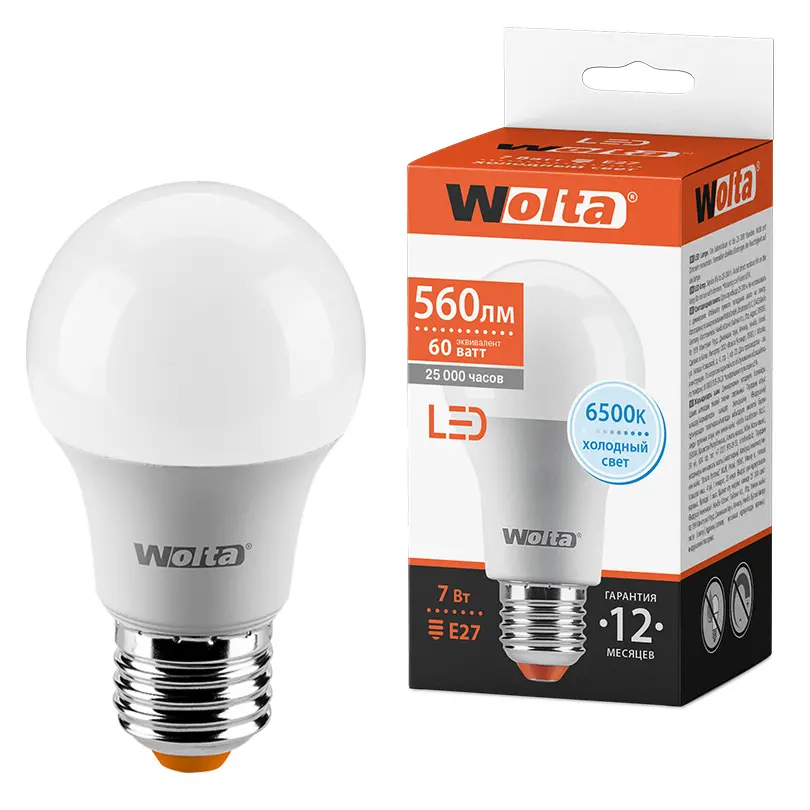 Светодиодная лампа Е27 220В 7Вт 6500К груша холодный свет Wolta 25W55BL7E27