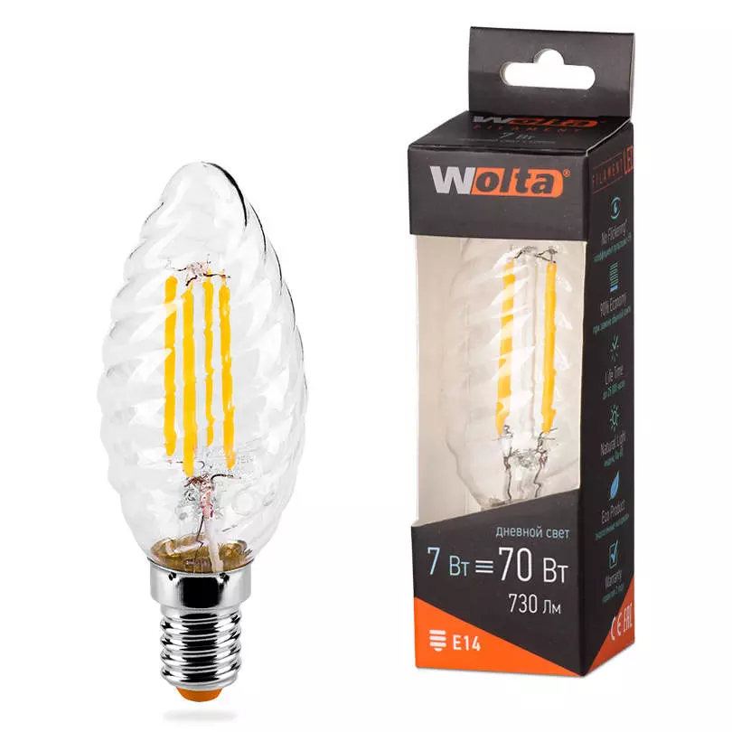 Лампа светодиодная Wolta Filament Е14 230В 7Вт 4000К свеча нейтральный