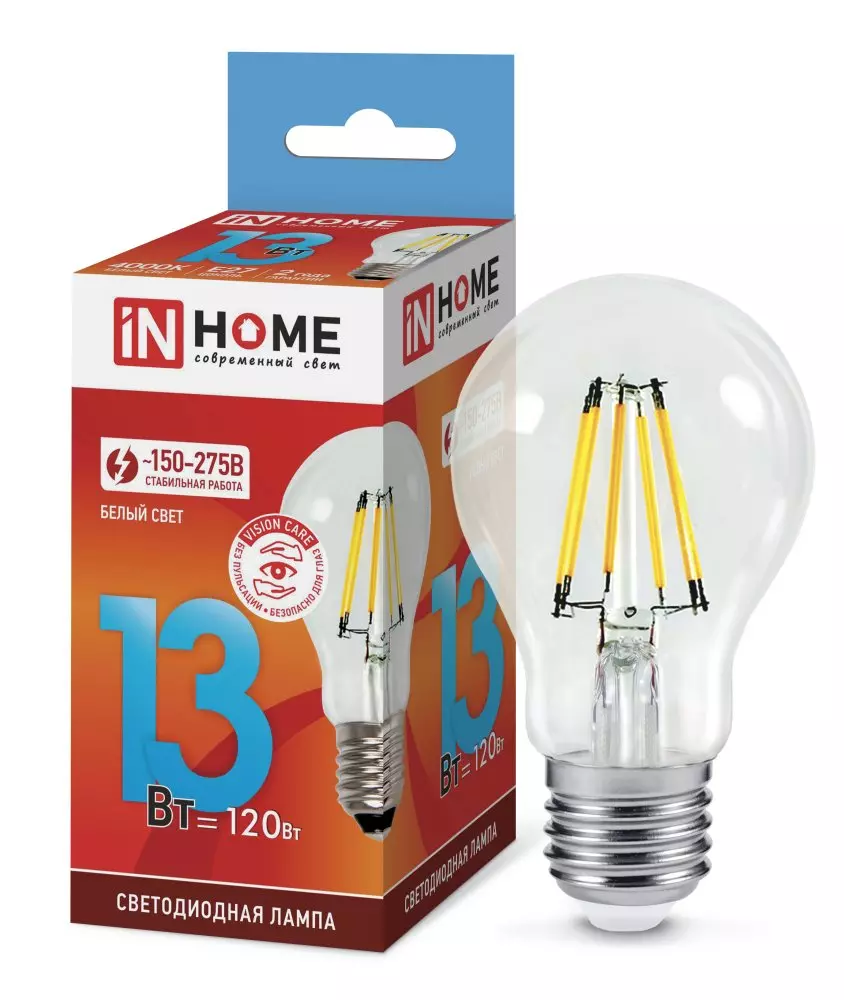 Лампа светодиодная IN HOME Filament Е27 230В 13Вт 4000К груша нейтральный
