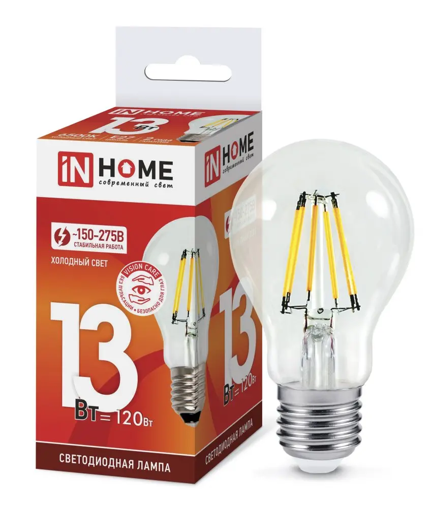Лампа светодиодная IN HOME LED-A60-deco Е27 230В 13Вт 6500К 1370Лм прозрачная