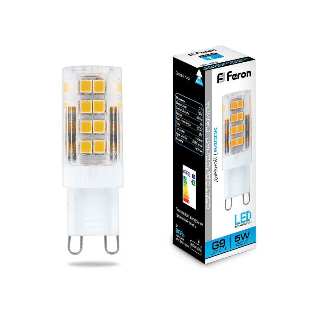 Лампа светодиодная Feron G9 230В 5Вт 6400К холодный